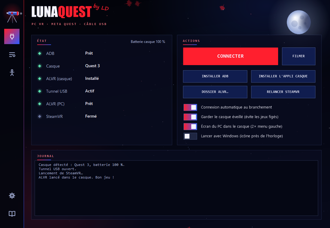 Fenêtre de LunaQuest : état du casque, bouton Connecter et journal