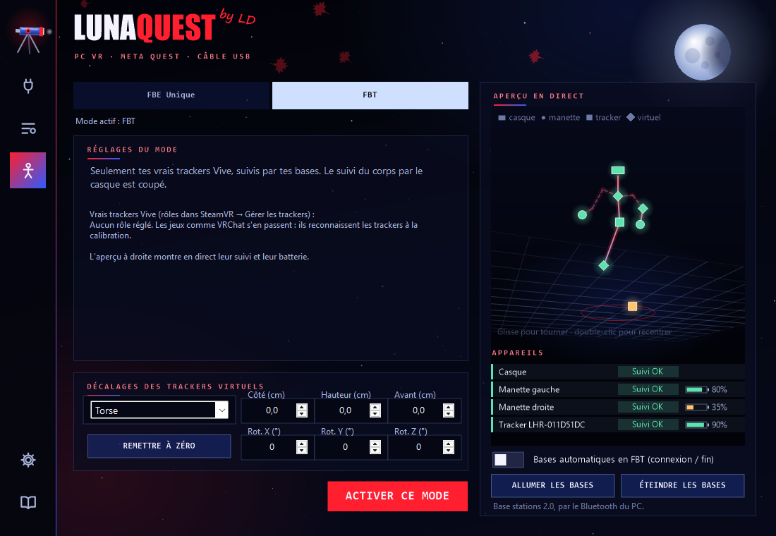 Page Corps et trackers de LunaQuest : modes FBE et aperçu 3D en direct des appareils