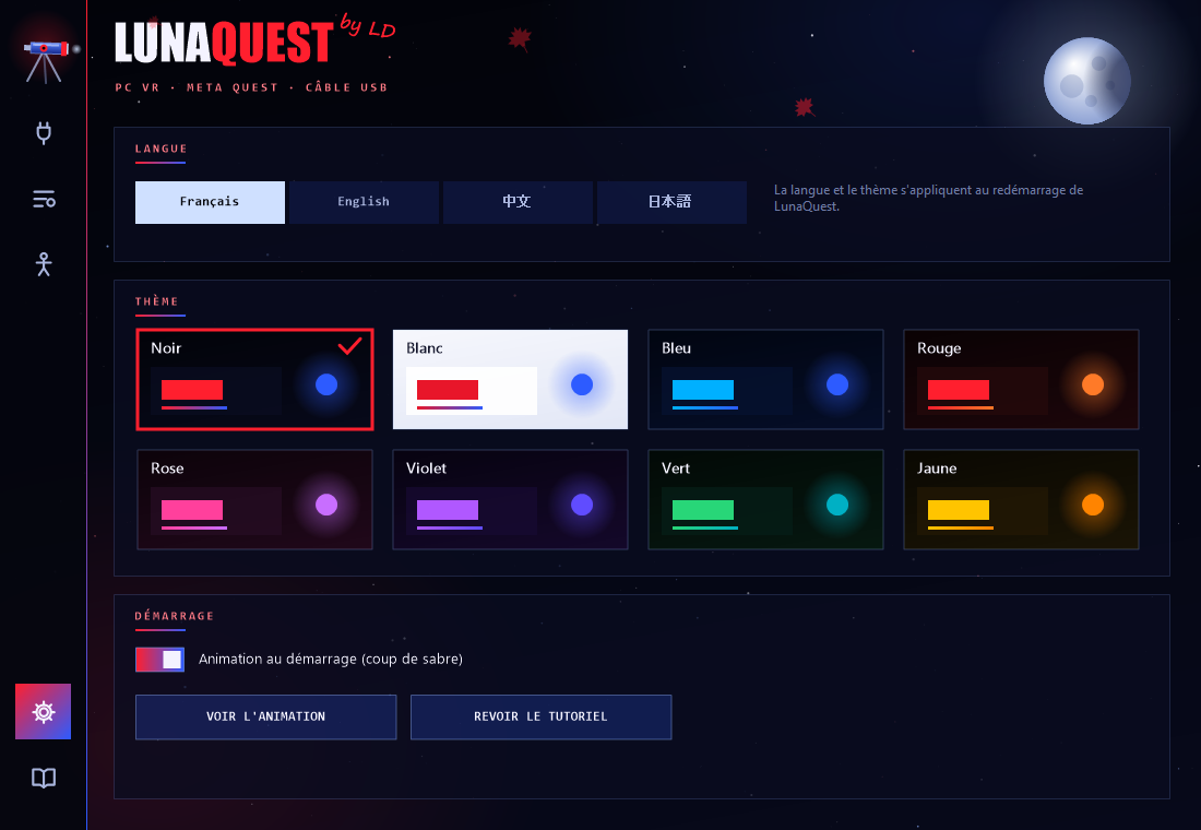 Page Paramètres de LunaQuest : langue, thème et animation de démarrage